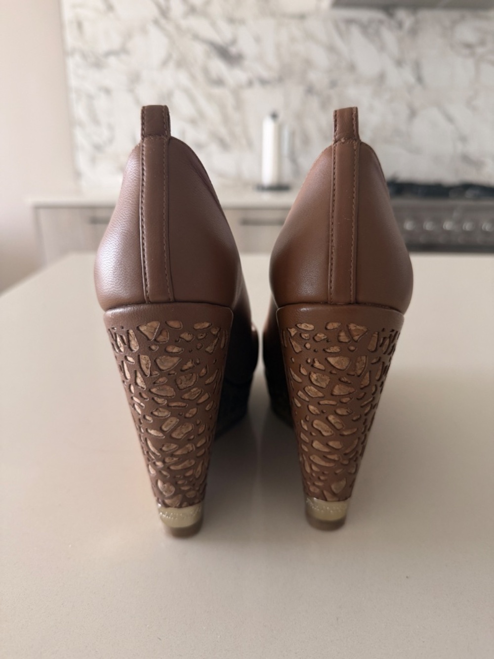 Jimmy Choo Brown Leather Peep Toe Cork Wedge Pumps EU 38 - Picture 3 of 4